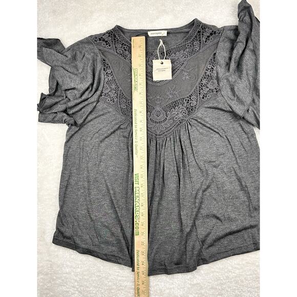 AND THE WHY Top Women’s Sz Small Grey RUFFLE SLEEVE BABYDOLL Shirt Boho Crochet - Picture 6 of 8